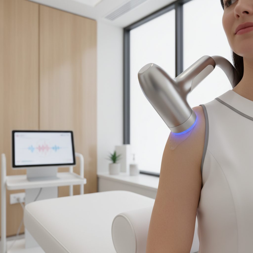 SoftWave therapy applicator on a shoulder